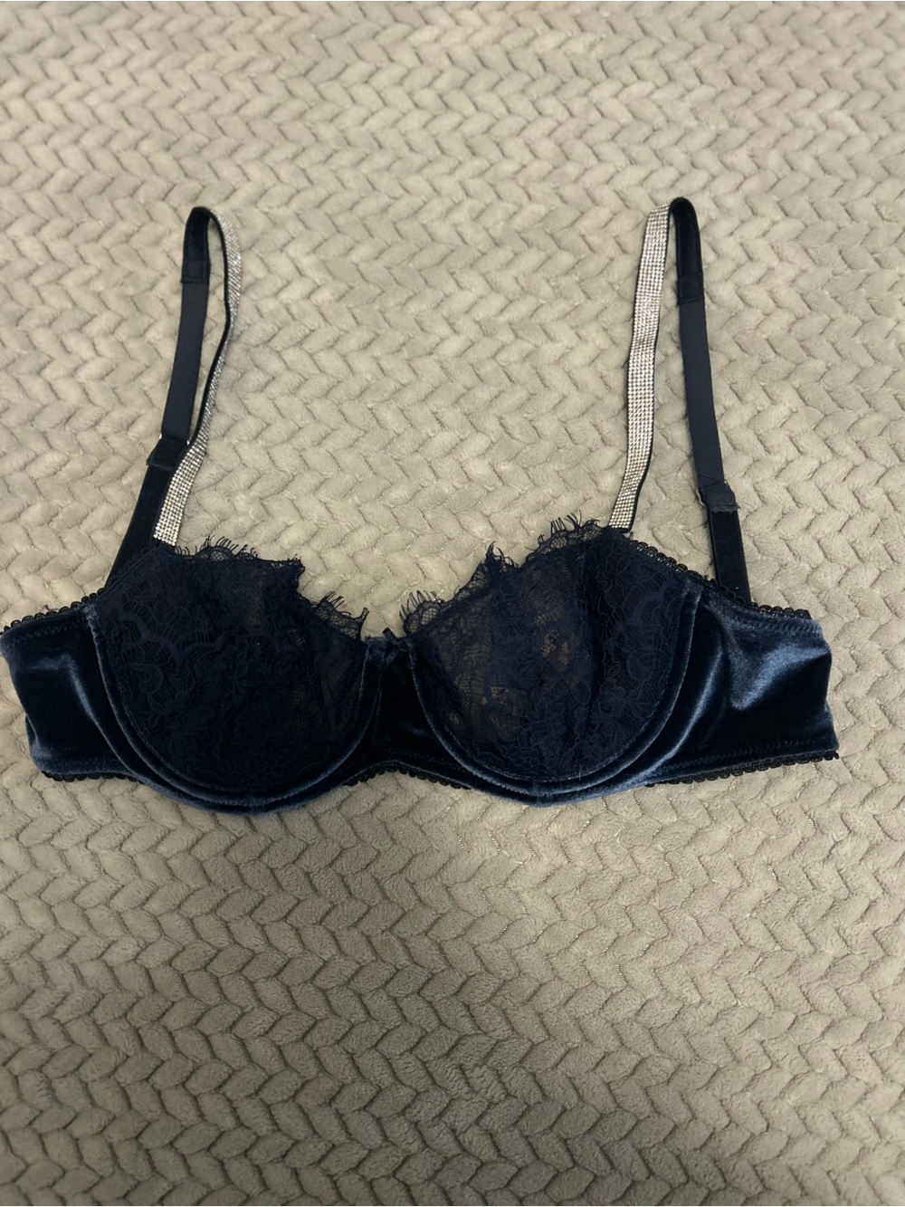 PINK Victoria's Secret Black Velvet & Lace Balconette Bra with Rhinestone Straps